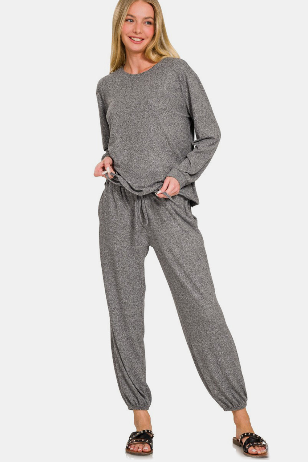 Zenana Round Neck T-Shirt and Joggers Set - The Daily Makeover