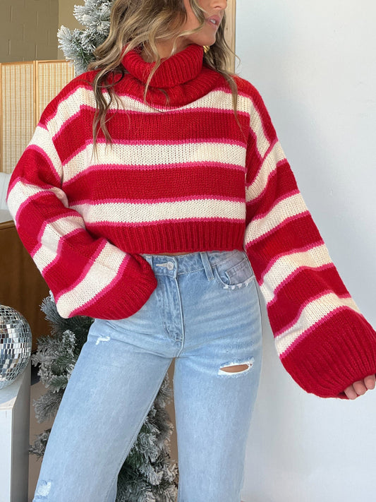 Striped Turtleneck Long Sleeve Cropped Sweater - The Daily Makeover