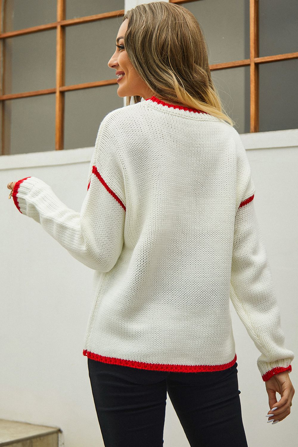 Round Neck Long Sleeve Waffle-Knit Sweater - The Daily Makeover