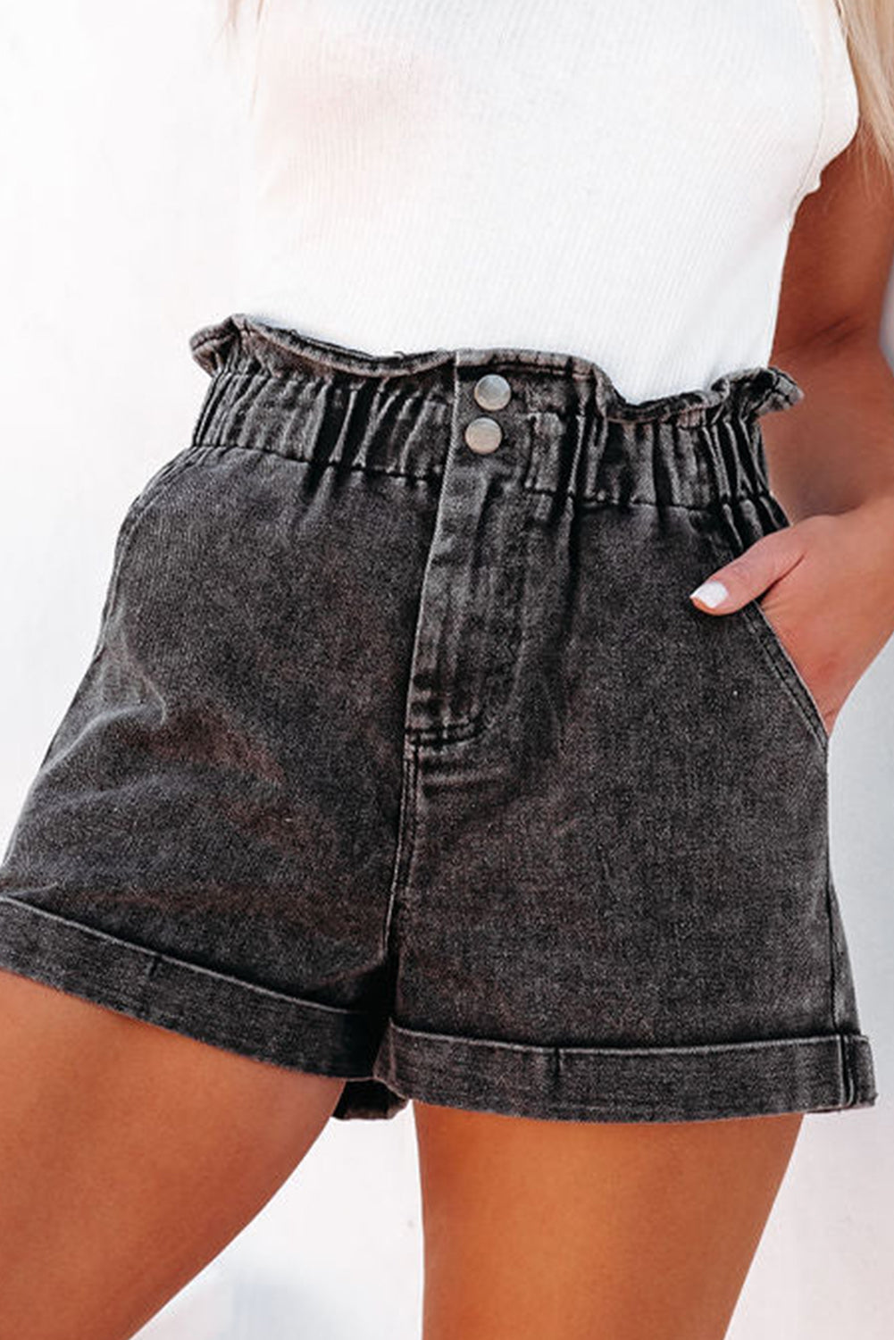 Dusty Pink Vintage Washed Frilled High Waist Denim Shorts - The Daily Makeover