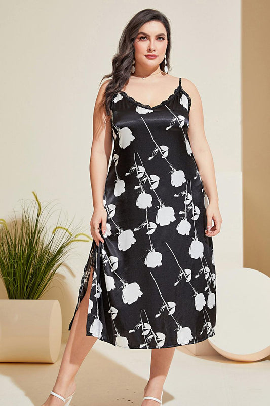 Plus Size Floral Lace Trim Side Slit Night Dress - The Daily Makeover