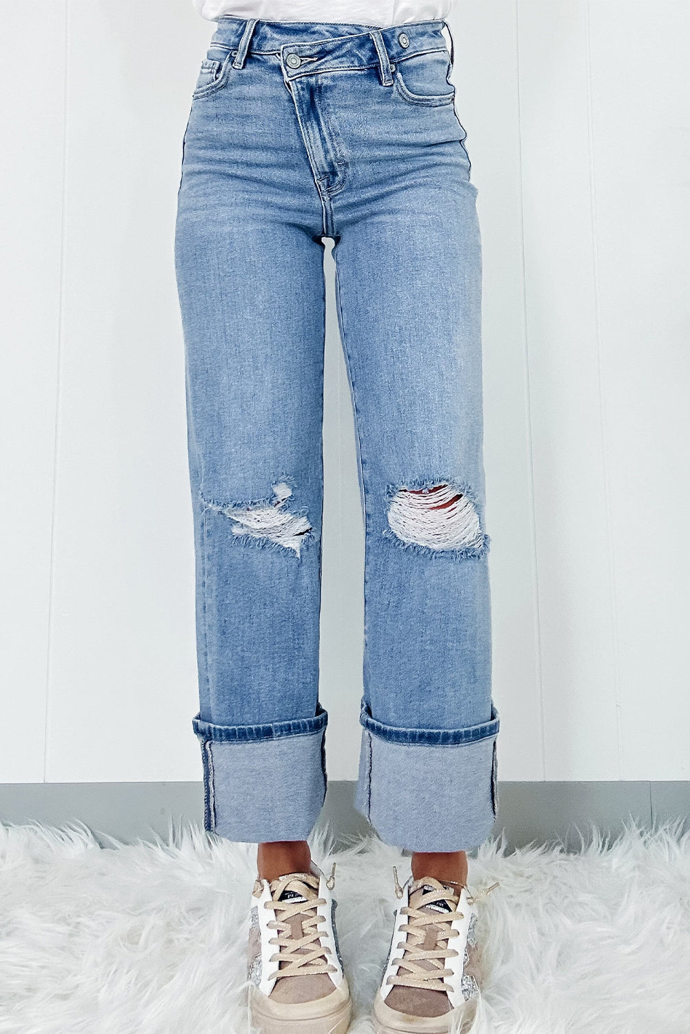 Dusk Blue High Rise Asymmetric Button Zip Fly Ripped Jeans - The Daily Makeover