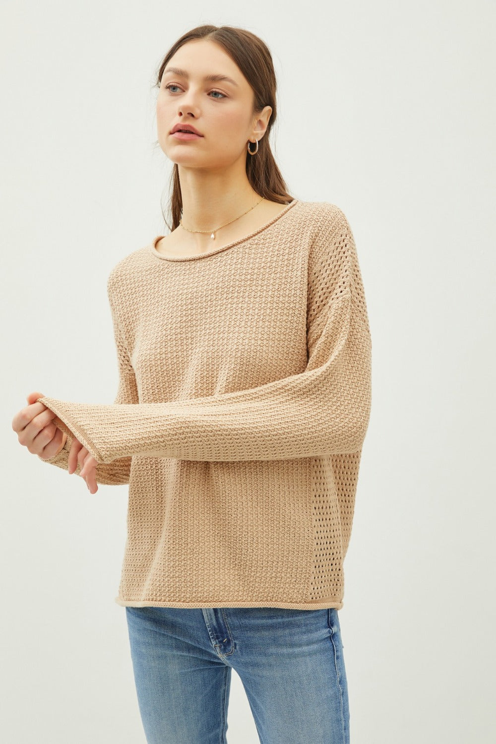 Be Cool Rolled Openwork Round Neck Sweater - The Daily Makeover