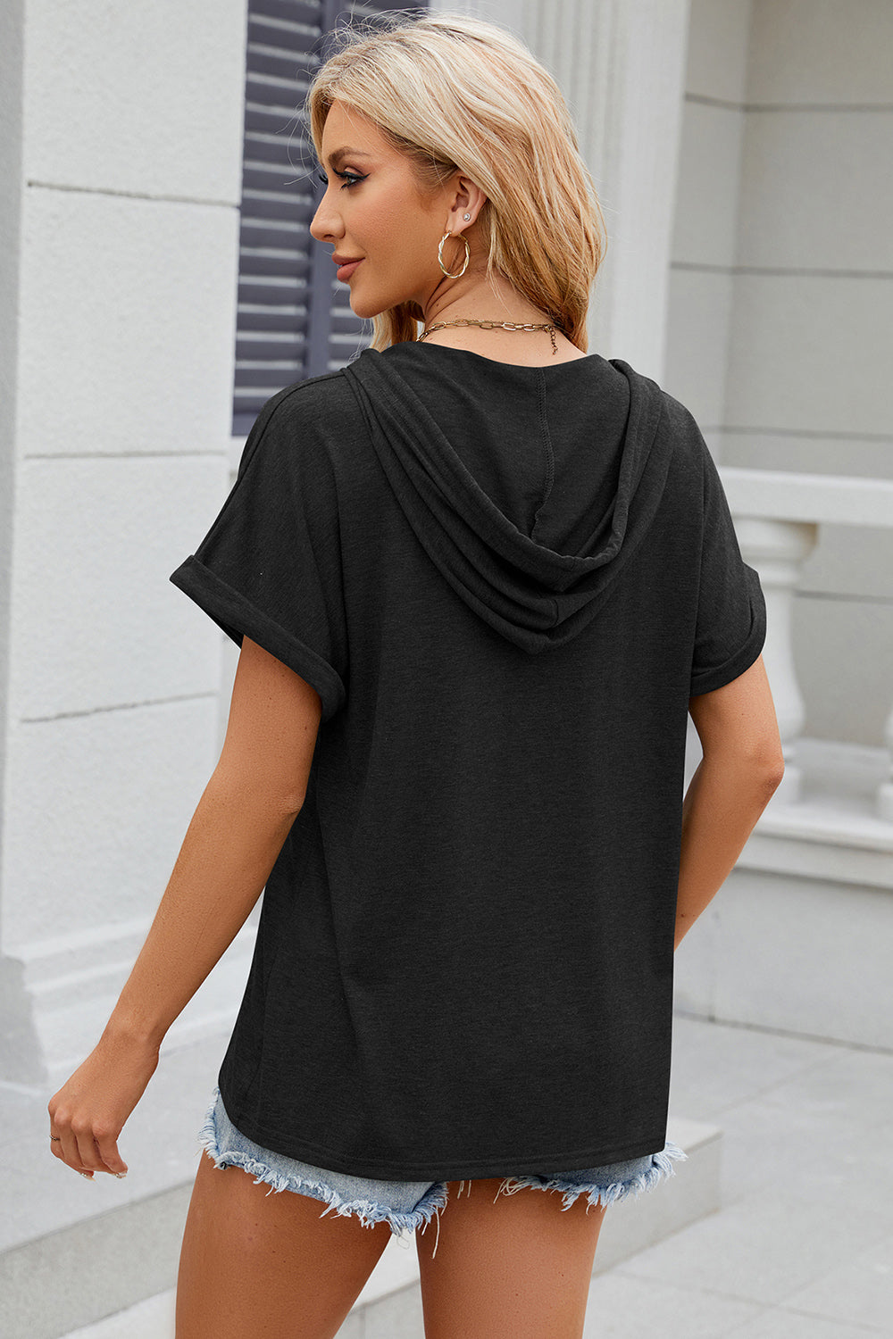 Half Button Drawstring Short Sleeve Hooded T-Shirt - The Daily Makeover