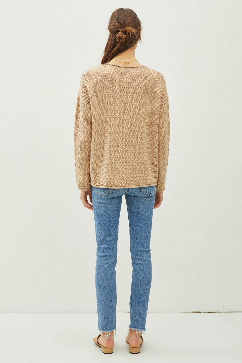 Be Cool Rolled Openwork Round Neck Sweater - The Daily Makeover