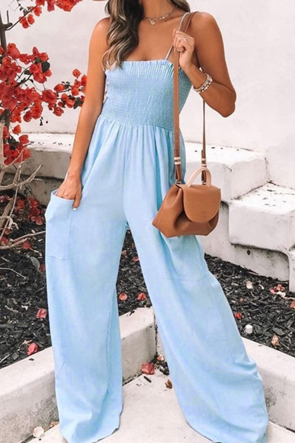 Smocked Spaghetti Strap Wide Leg Jumpsuit - The Daily Makeover
