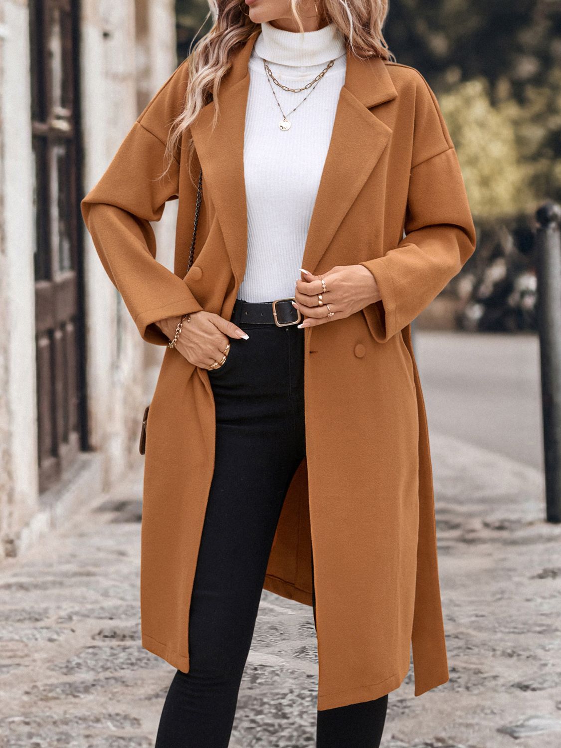 Perfee Dropped Shoulder Tie Waist Coat - The Daily Makeover