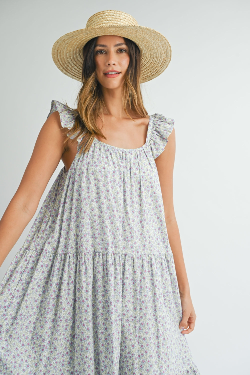 MABLE Floral Ruffle Shoulder Tiered Midi Dress - The Daily Makeover