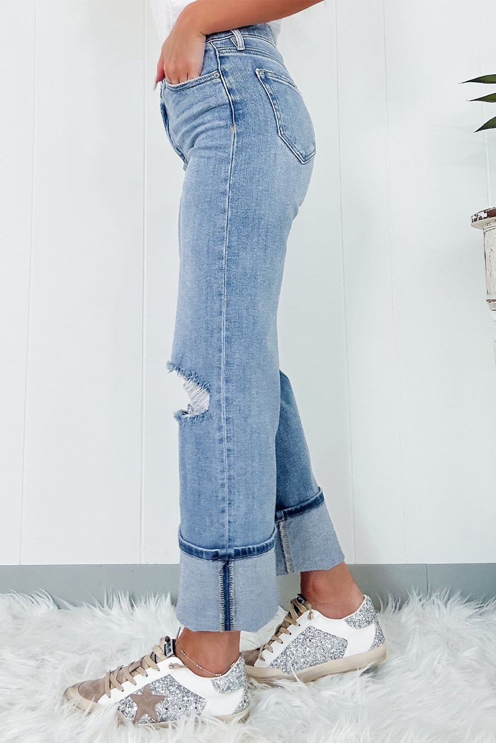 Dusk Blue High Rise Asymmetric Button Zip Fly Ripped Jeans - The Daily Makeover