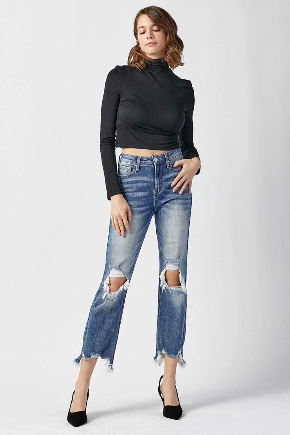 High Waist Distressed Frayed Hem Cropped Straight Jeans - The Daily Makeover