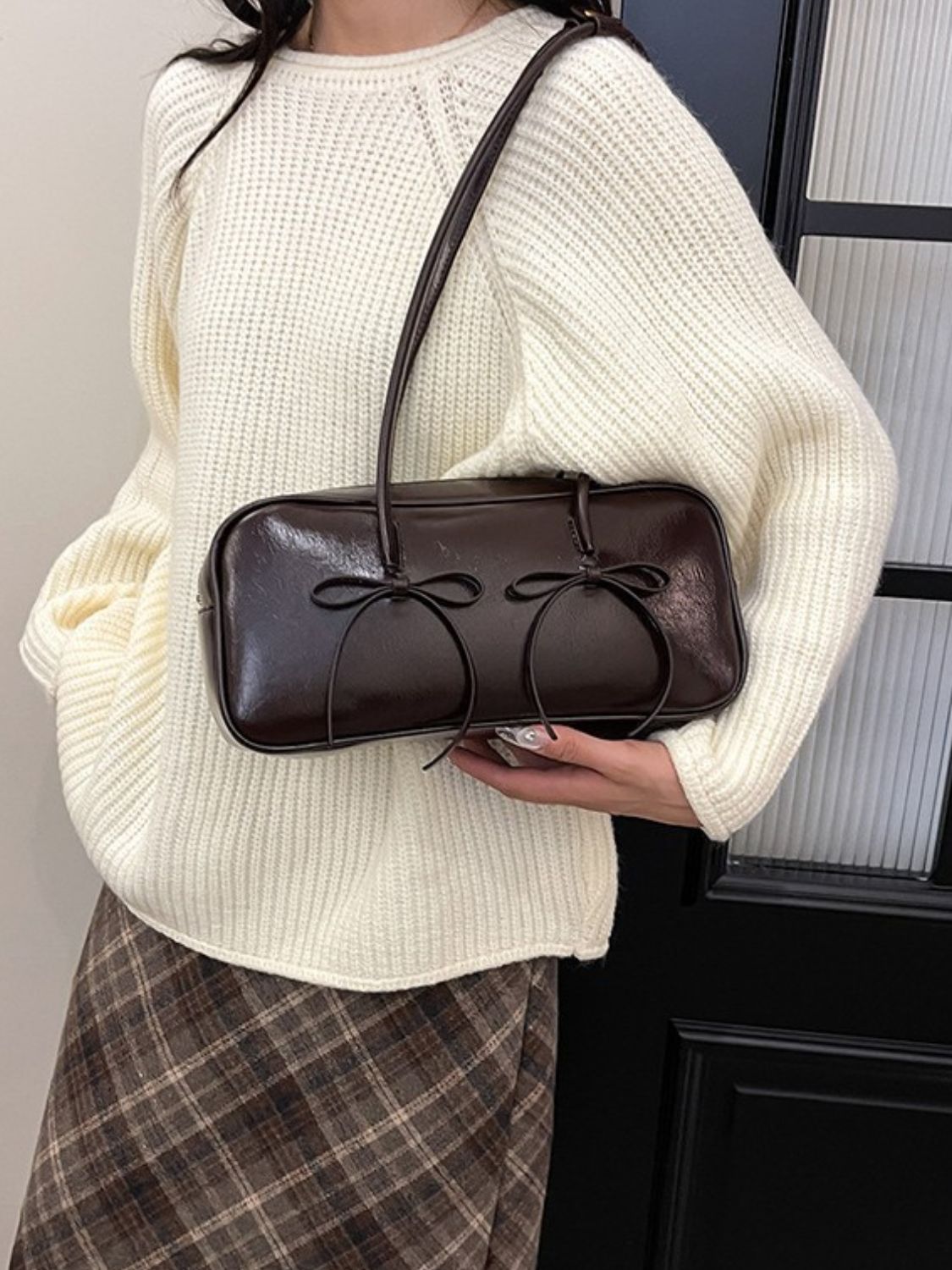 PU Leather Bow Trim Shoulder Bag - The Daily Makeover