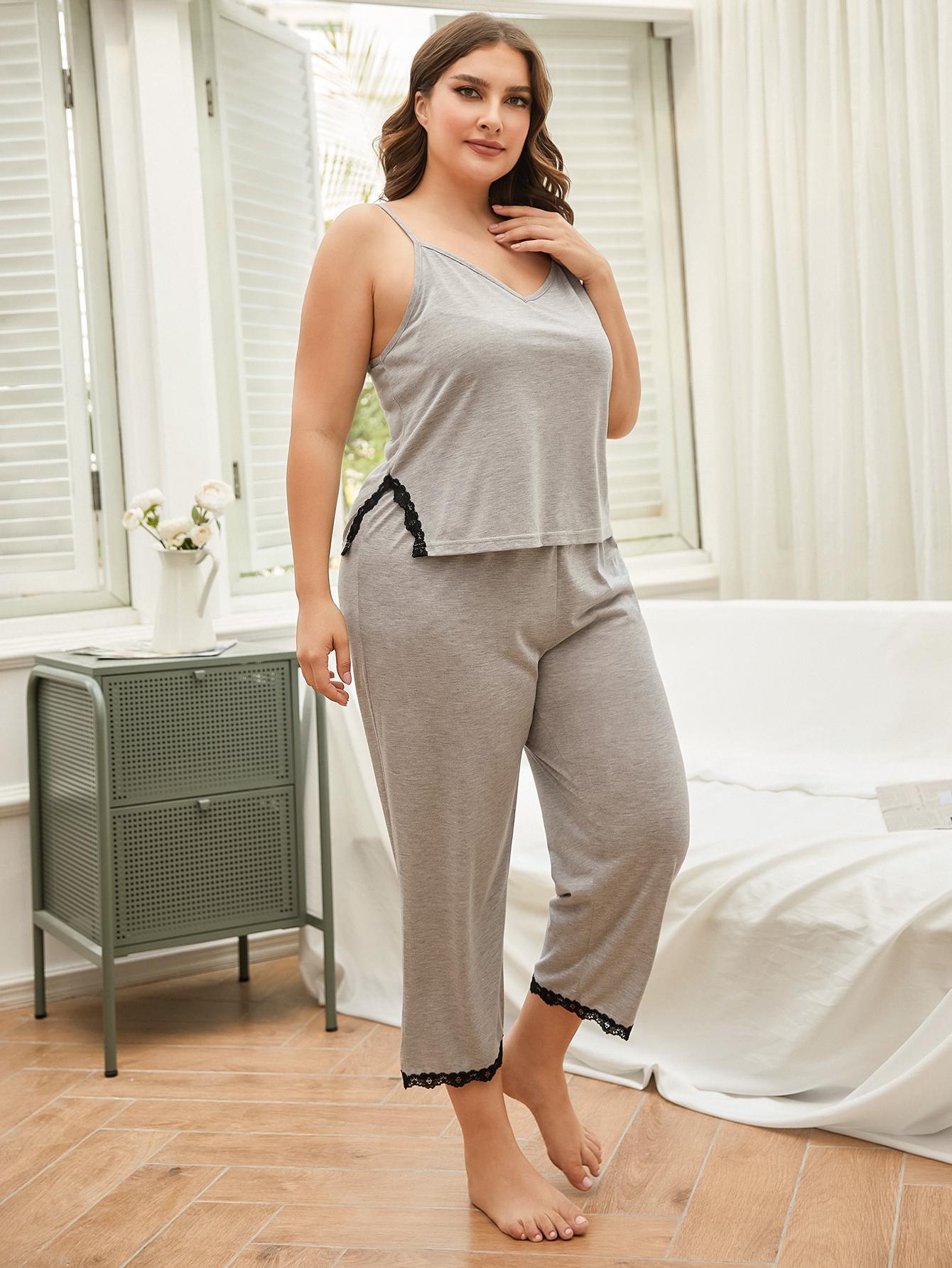 Plus Size Lace Trim Slit Cami and Pants Pajama Set - The Daily Makeover