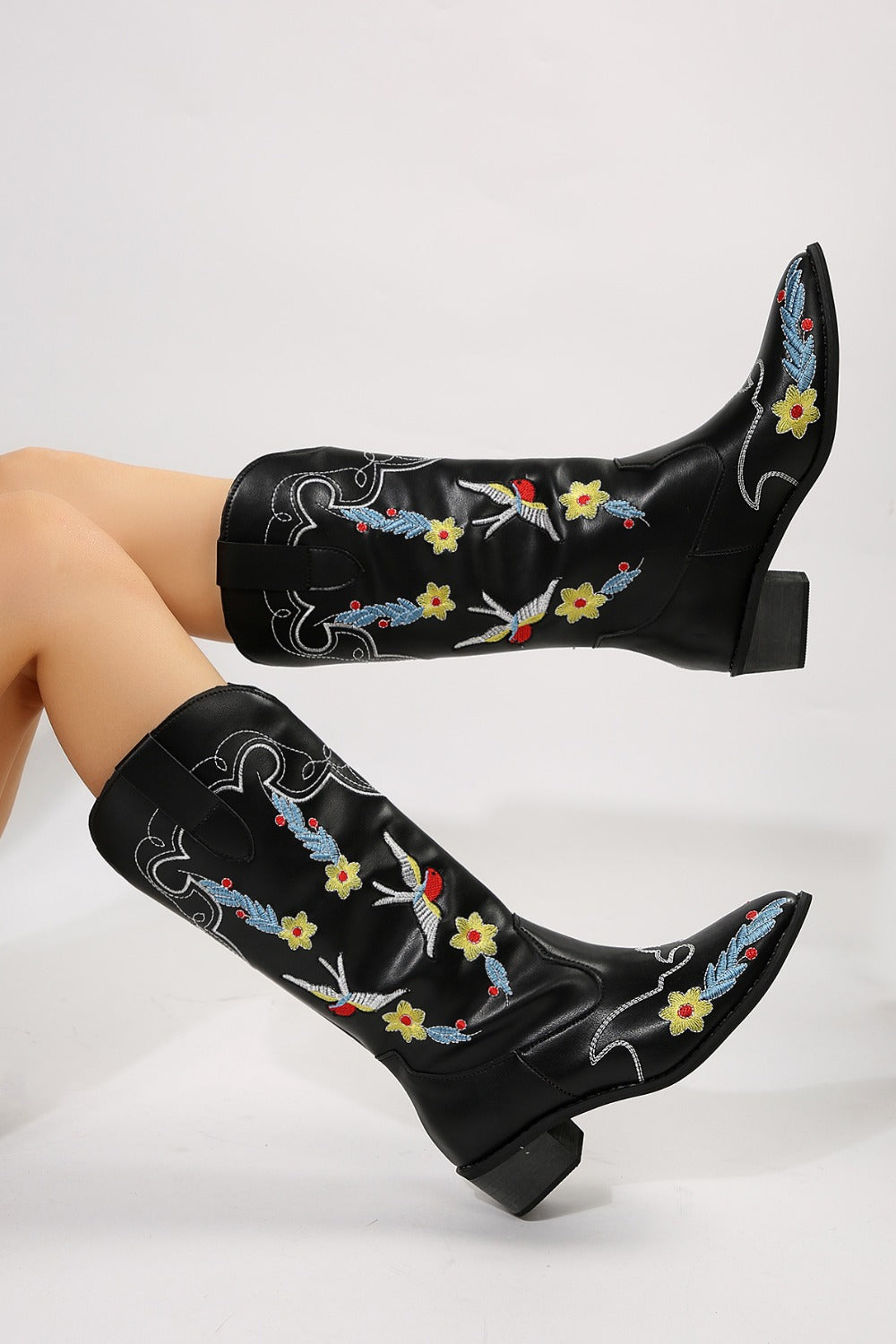 Embroidered Point Toe Block Heel Boots - The Daily Makeover