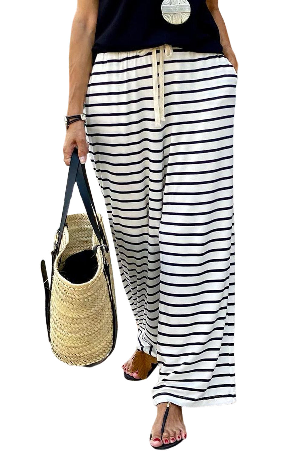 White Striped Casual Drawstring Wide Leg Pants with Pockets - The Daily Makeover