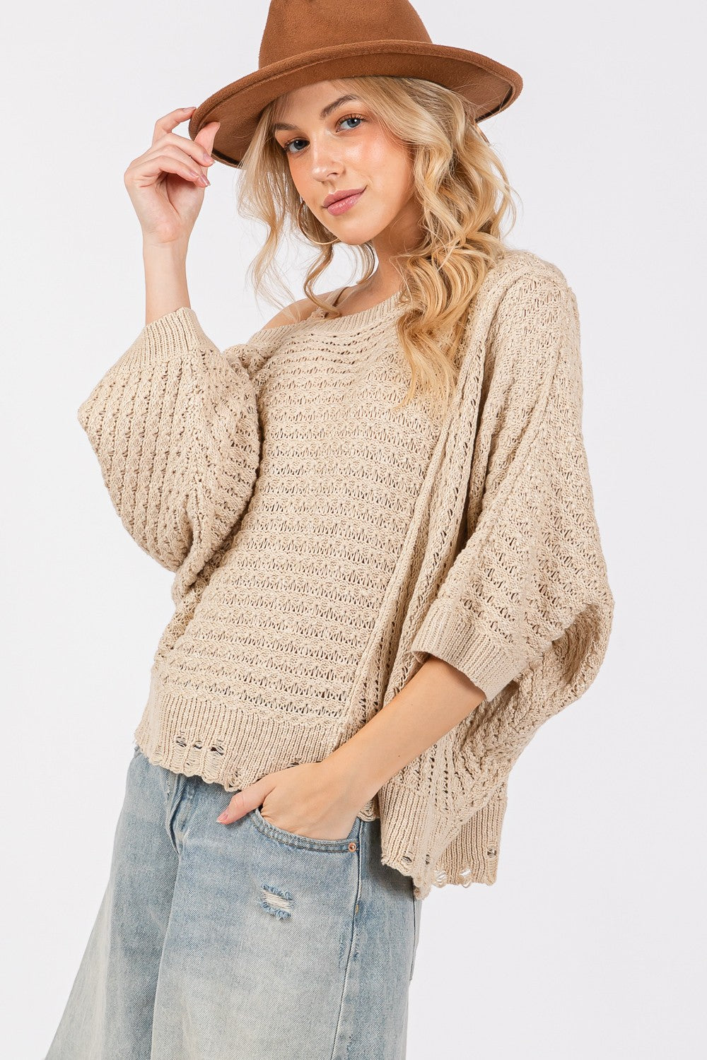 SAGE + FIG Distressed Asymmetrical Open Stitch Sweater - The Daily Makeover
