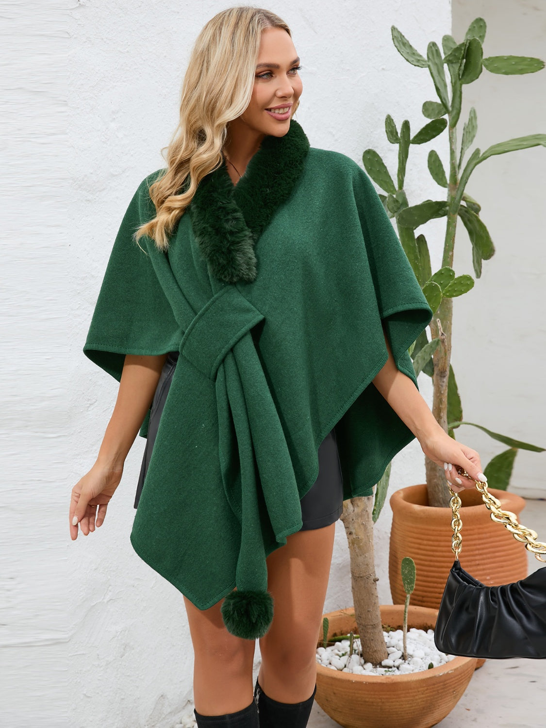 Fuzzy Trim Open Front Poncho - The Daily Makeover