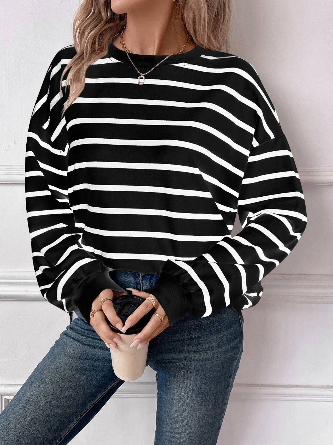 Striped Round Neck Long Sleeve Sweatshirt - The Daily Makeover