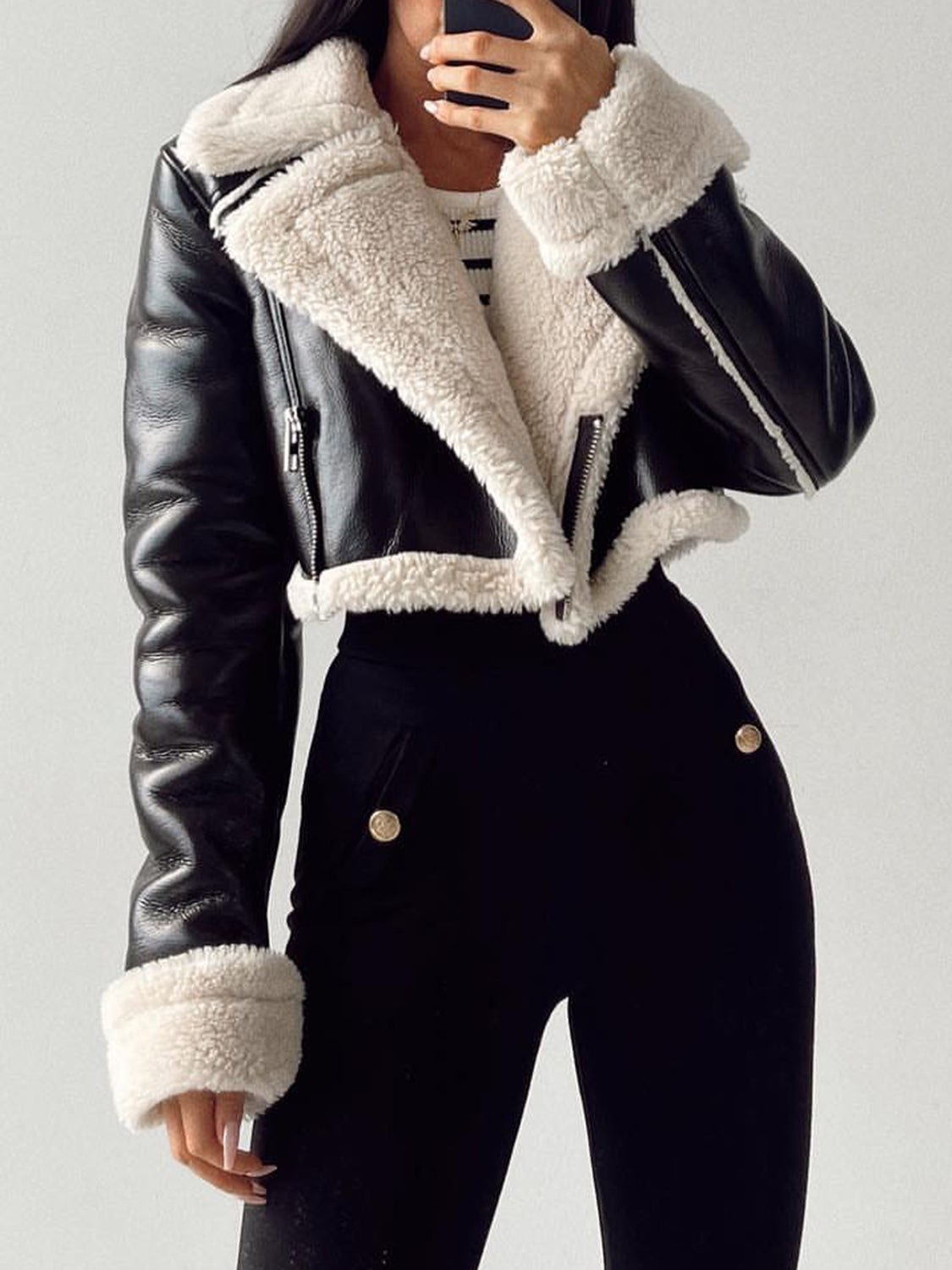 Collared Neck Long Sleeve Plush Cropped Jacket - The Daily Makeover