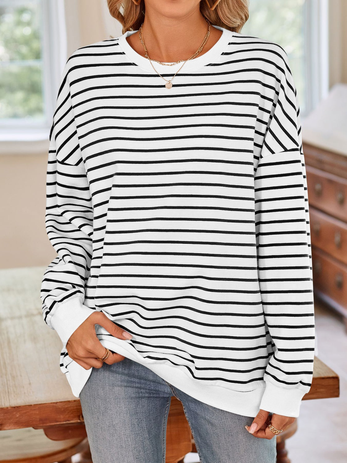 Lovelet Striped Round Neck Long Sleeve Sweatshirt - The Daily Makeover