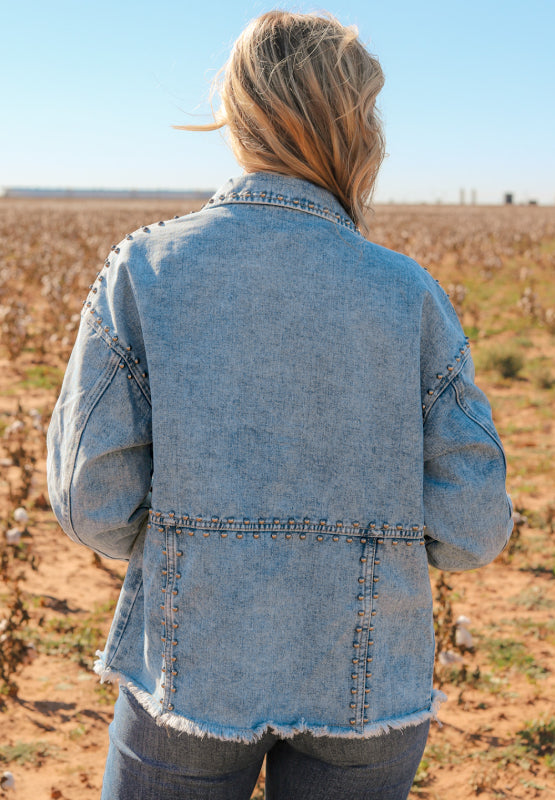 Studded Acid Wash Long Sleeve Denim Jacket - The Daily Makeover
