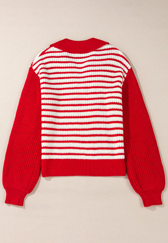 Striped Johnny Collar Long Sleeve Sweater - The Daily Makeover