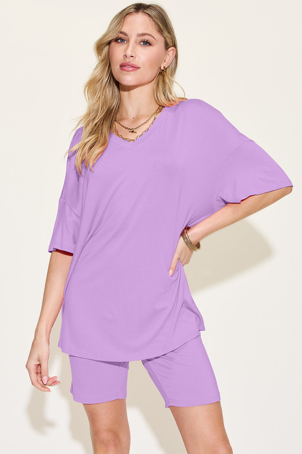 Bamboo Full Size V-Neck Drop Shoulder T-Shirt and Shorts Set - The Daily Makeover