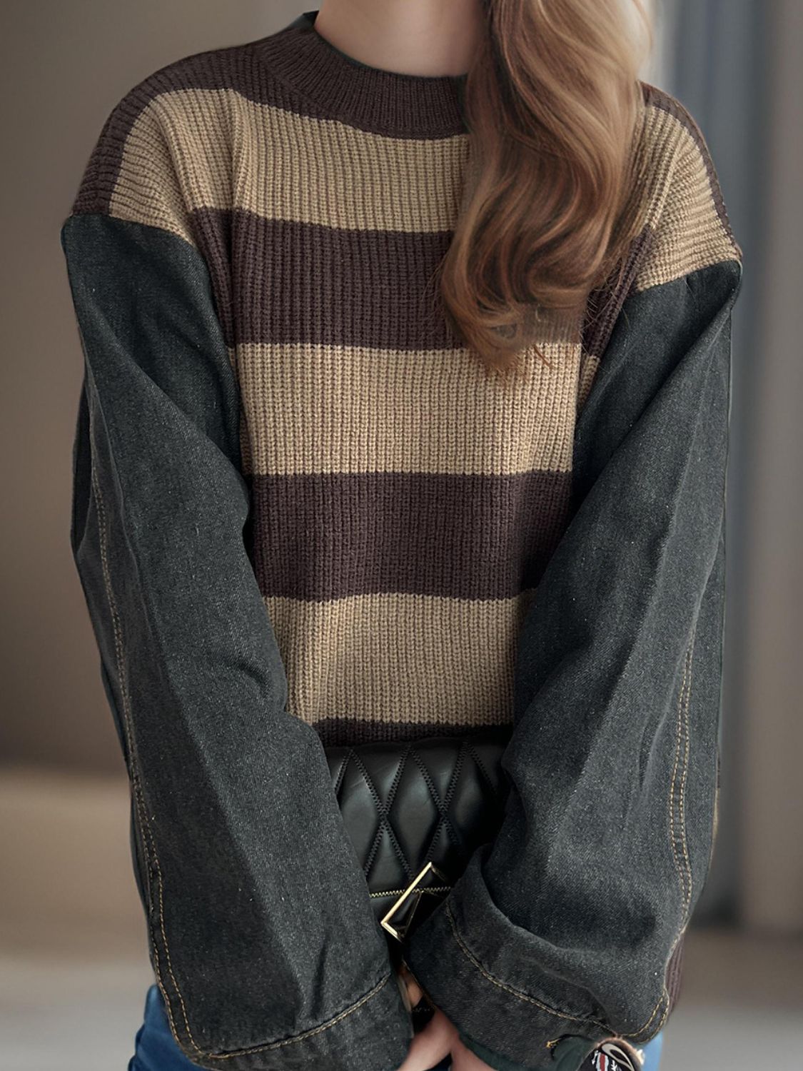 Contrast Round Neck Long Sleeve Sweater - The Daily Makeover