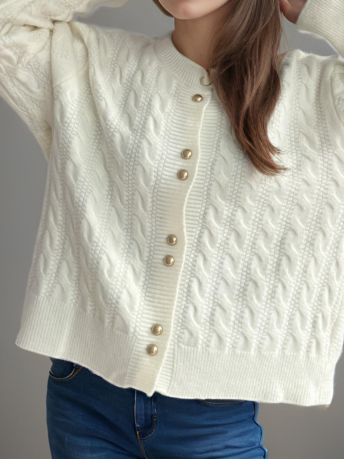 Cable-Knit Round Neck Long Sleeve Cardigan - The Daily Makeover