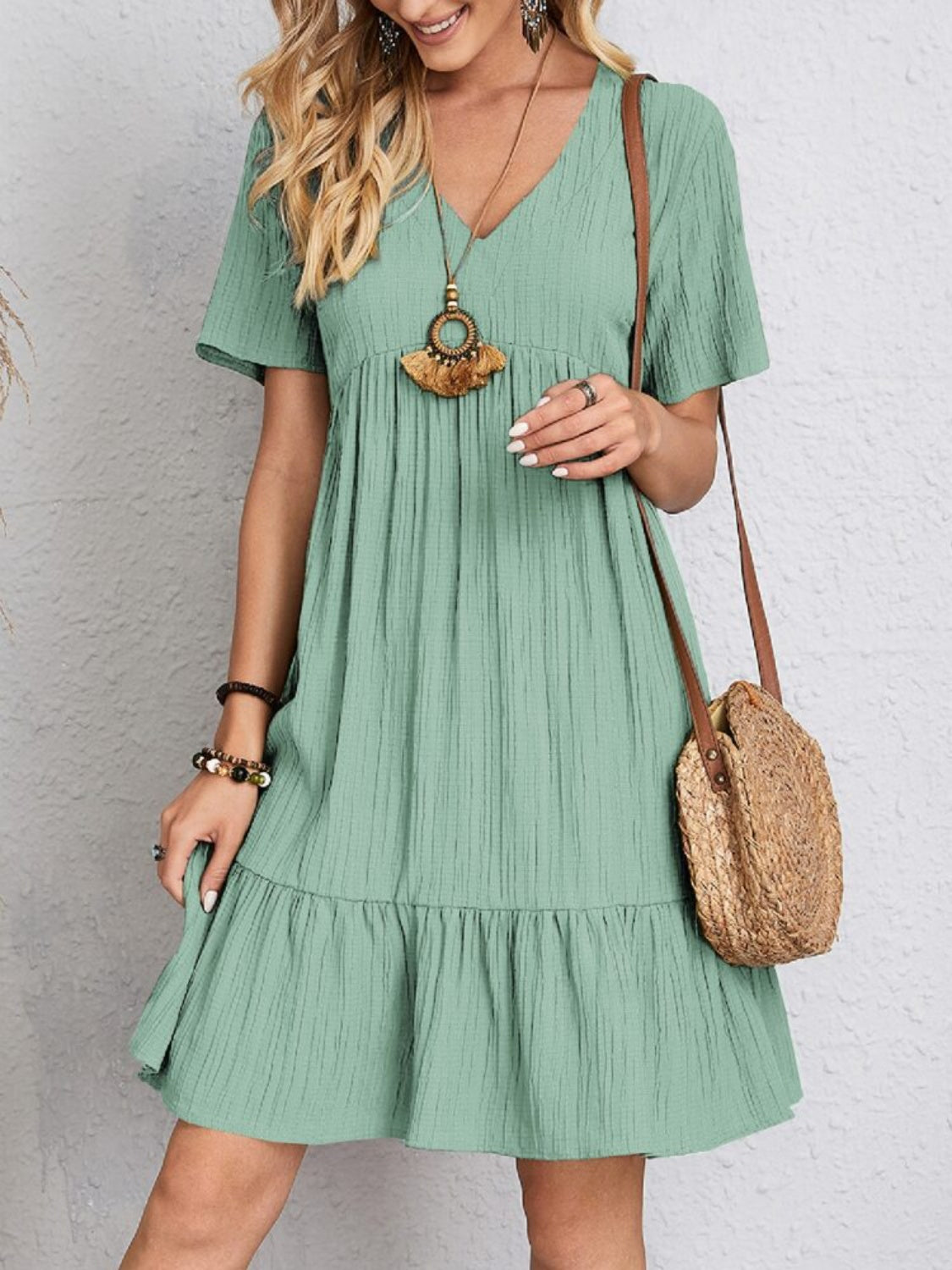 Full Size V-Neck Short Sleeve Dress - The Daily Makeover