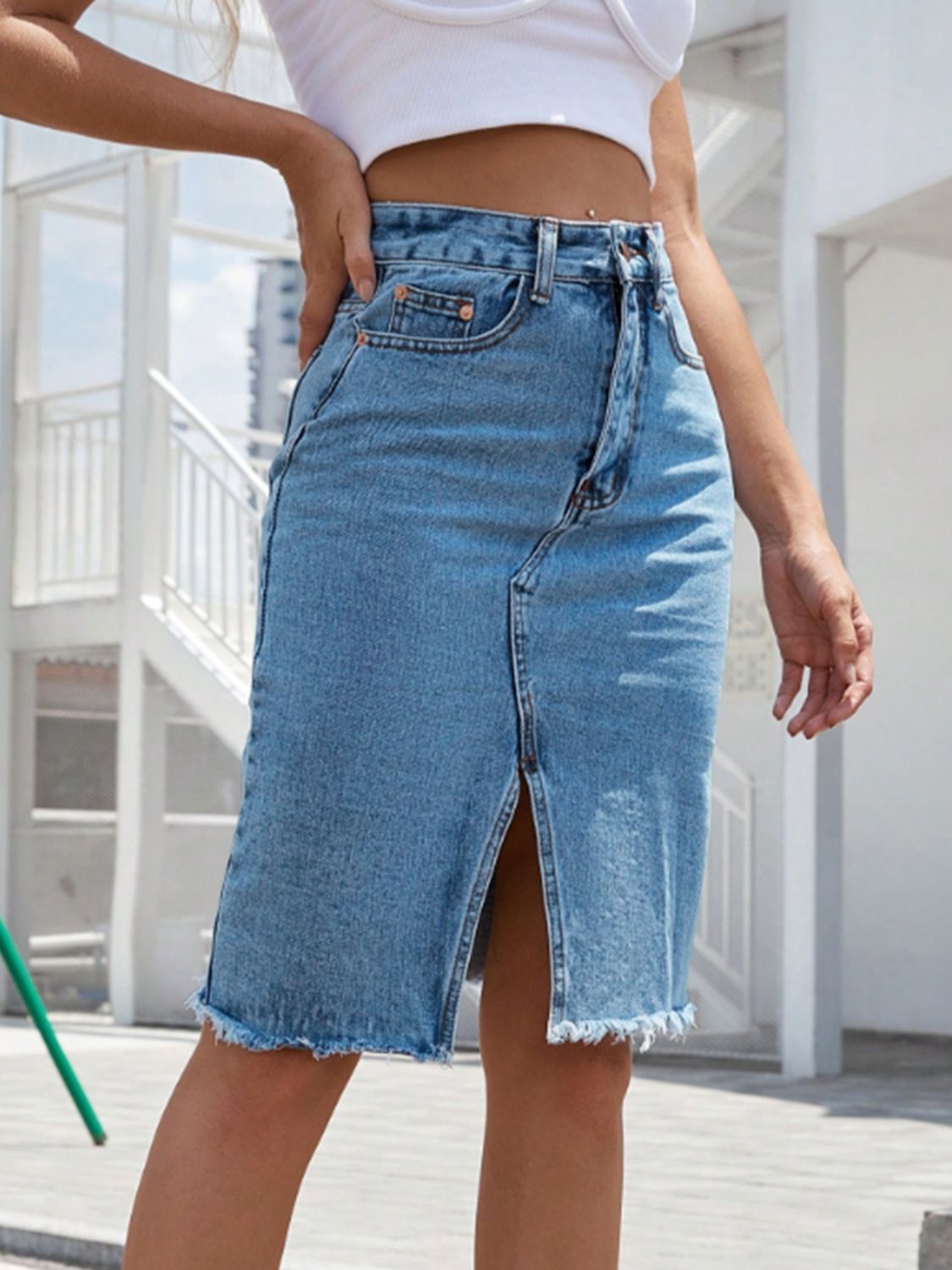 Raw Hem Slit Denim Skirt - The Daily Makeover