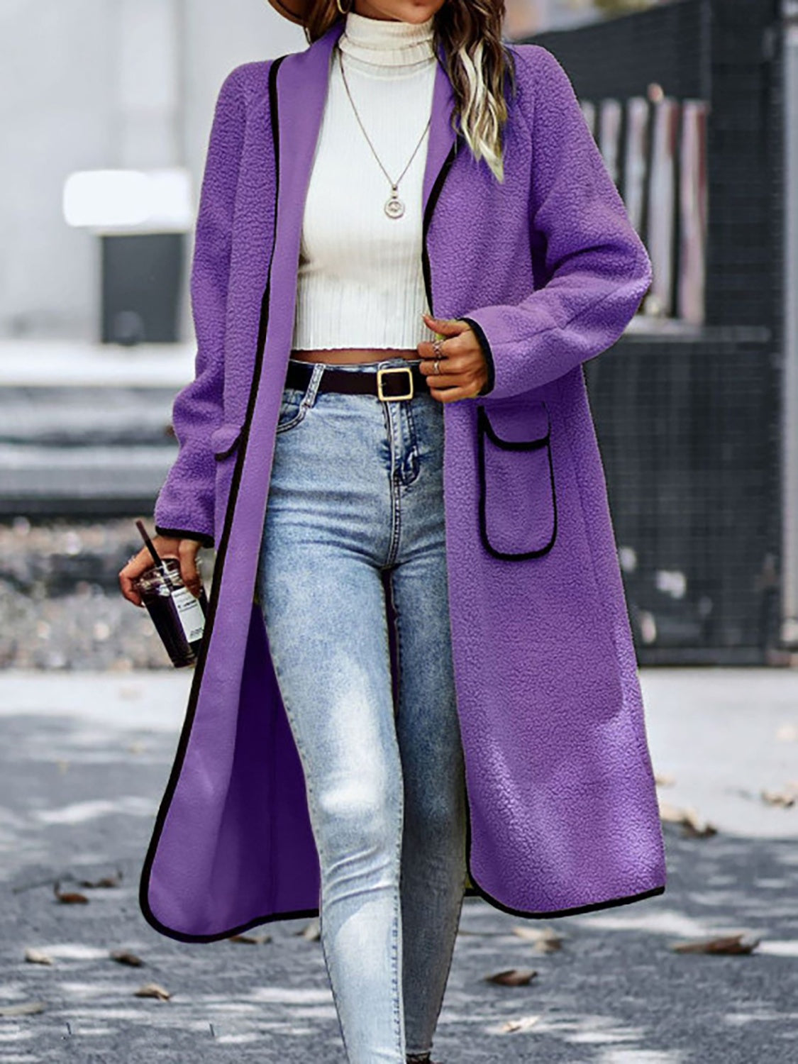Full Size Contrast Trim Long Sleeve Coat with Pockets - The Daily Makeover