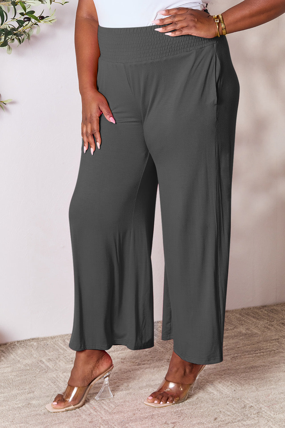 Double Take Full Size Smocked Wide Waistband Wide Leg Pants - The Daily Makeover
