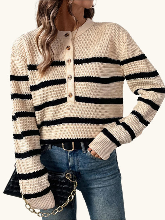 Perfee Striped Half Button Long Sleeve Sweater