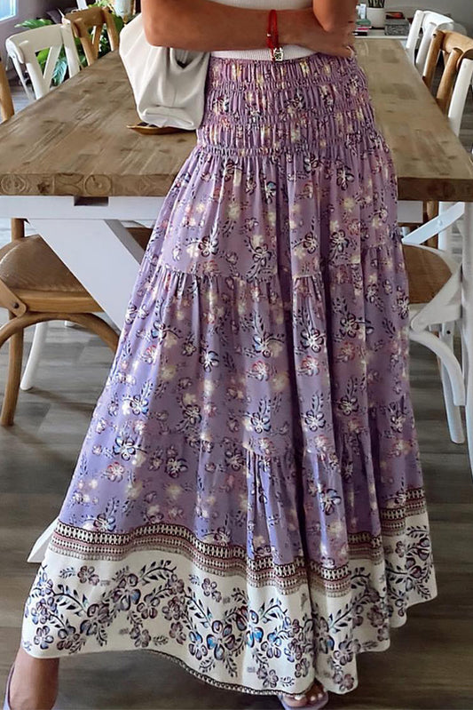 Purple Floral Print Shirred High Waist Maxi Skirt - The Daily Makeover
