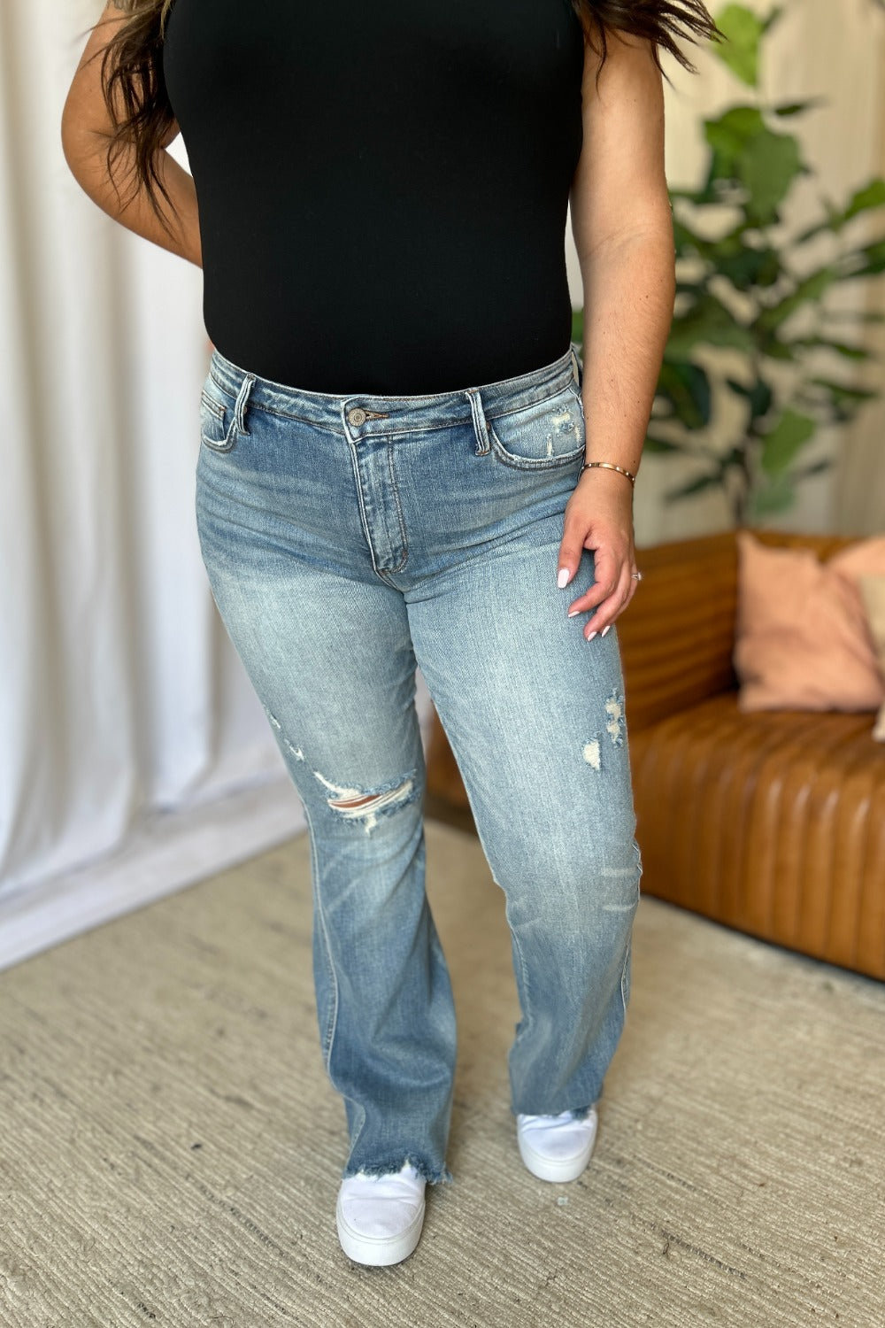 Judy Blue Full Size Medium Rise Tummy Control Destroy Flare - The Daily Makeover