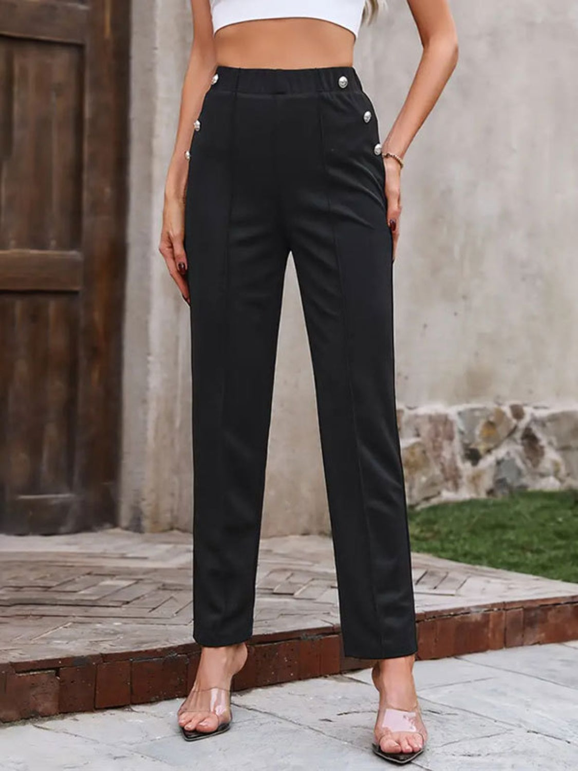 Decorative Button Elastic Waist Pants - The Daily Makeover