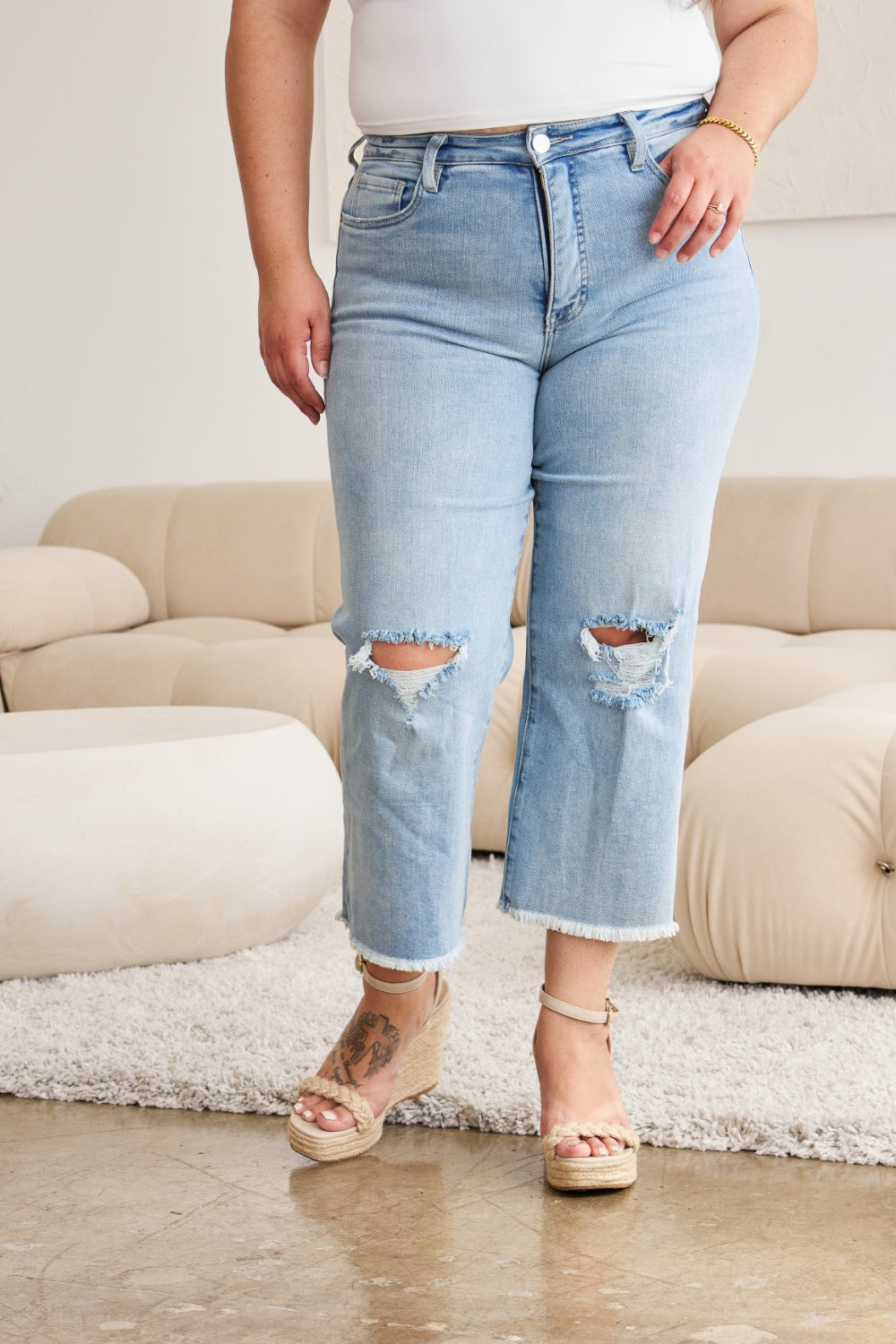 RFM Full Size Tummy Control High Waist Raw Hem Distressed Jeans - The Daily Makeover