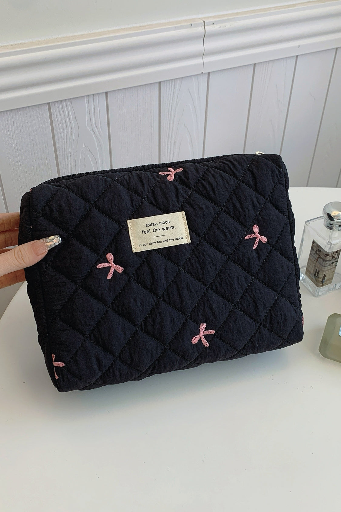 Bow Embroidered Quilted Storage Bag - The Daily Makeover