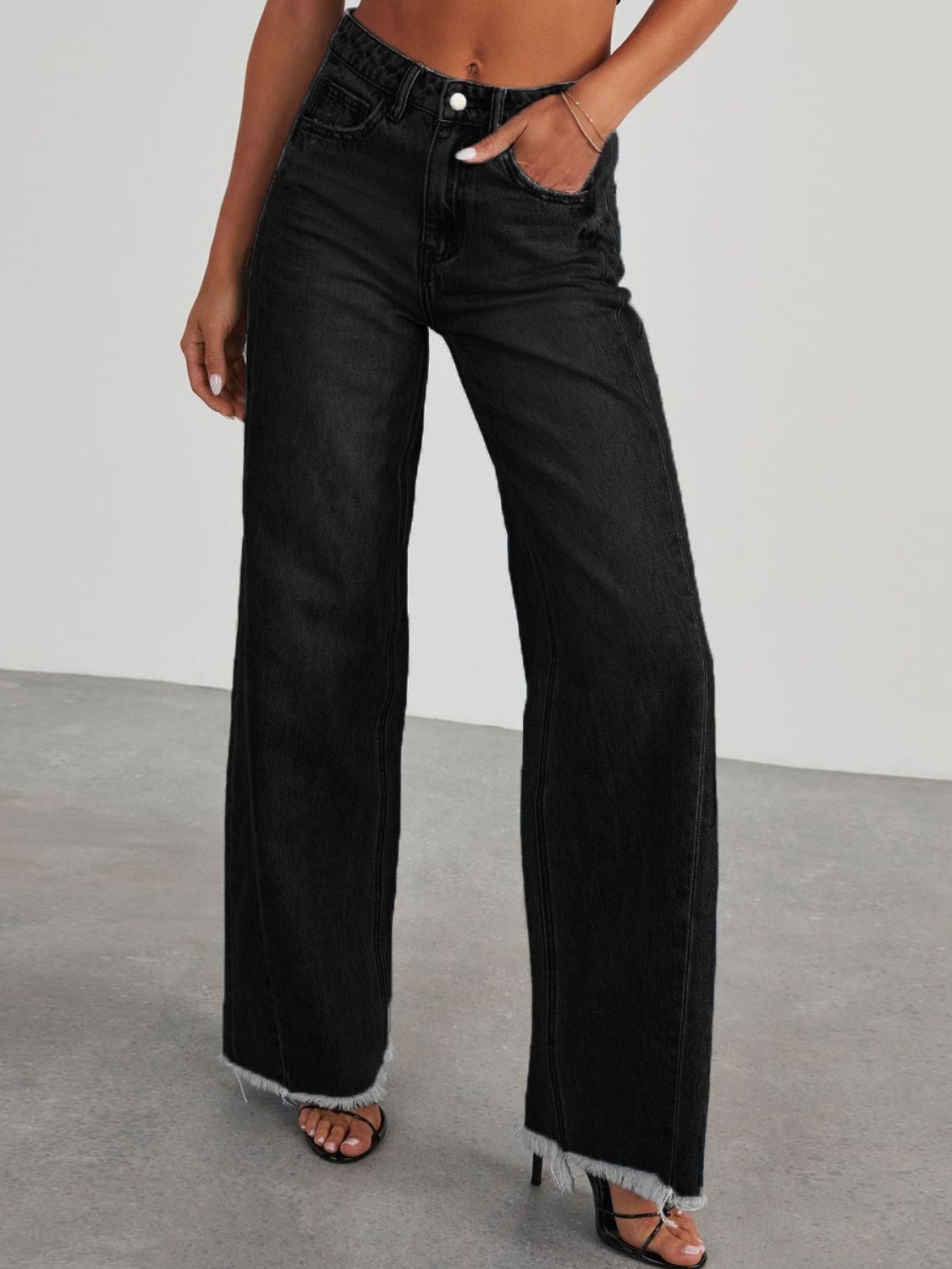 Raw Hem Wide Leg Jeans with Pockets - The Daily Makeover