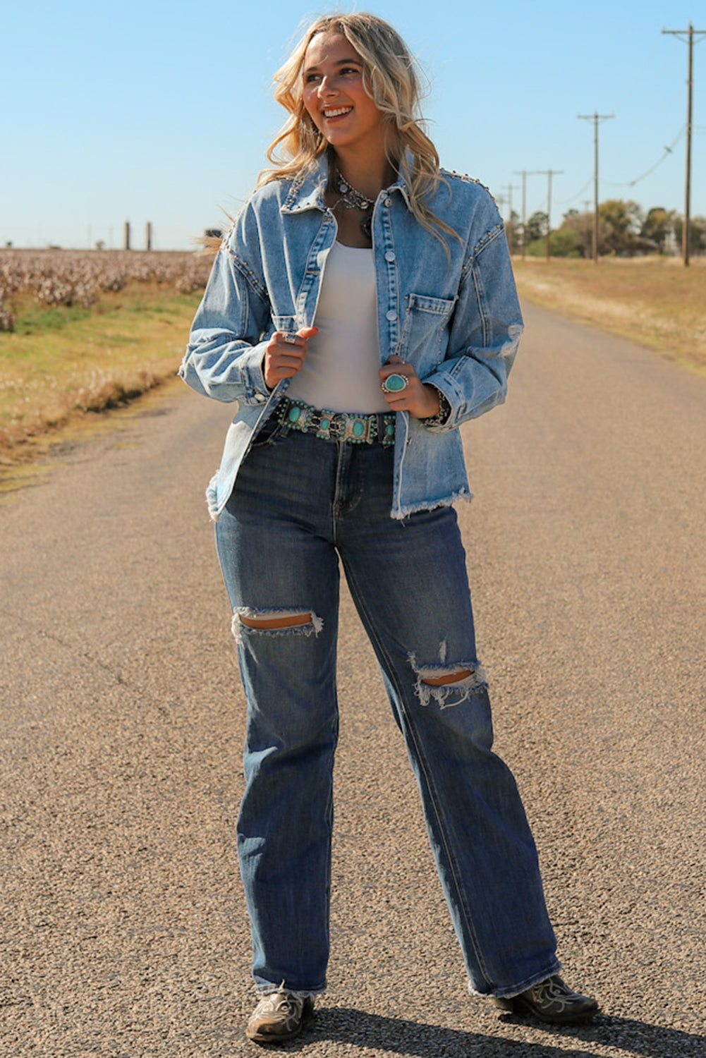 Studded Acid Wash Long Sleeve Denim Jacket - The Daily Makeover