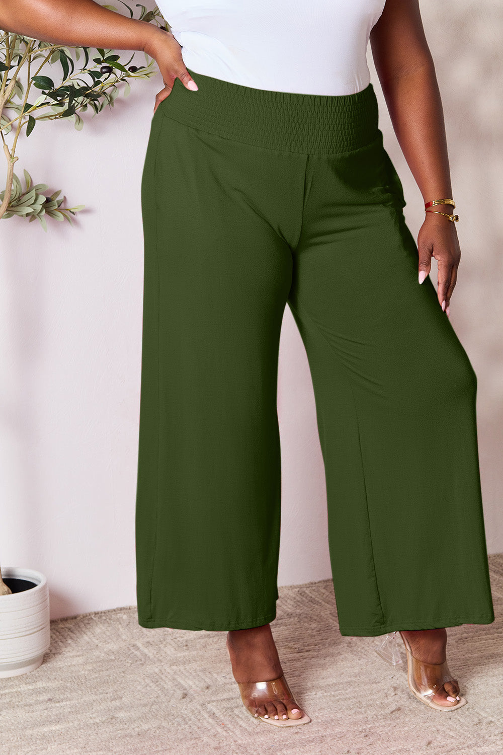 Double Take Full Size Smocked Wide Waistband Wide Leg Pants - The Daily Makeover