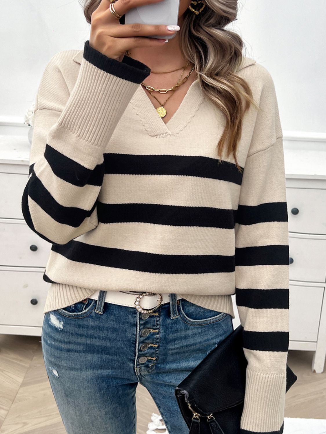 Striped Collared Neck Long Sleeve Sweater - The Daily Makeover