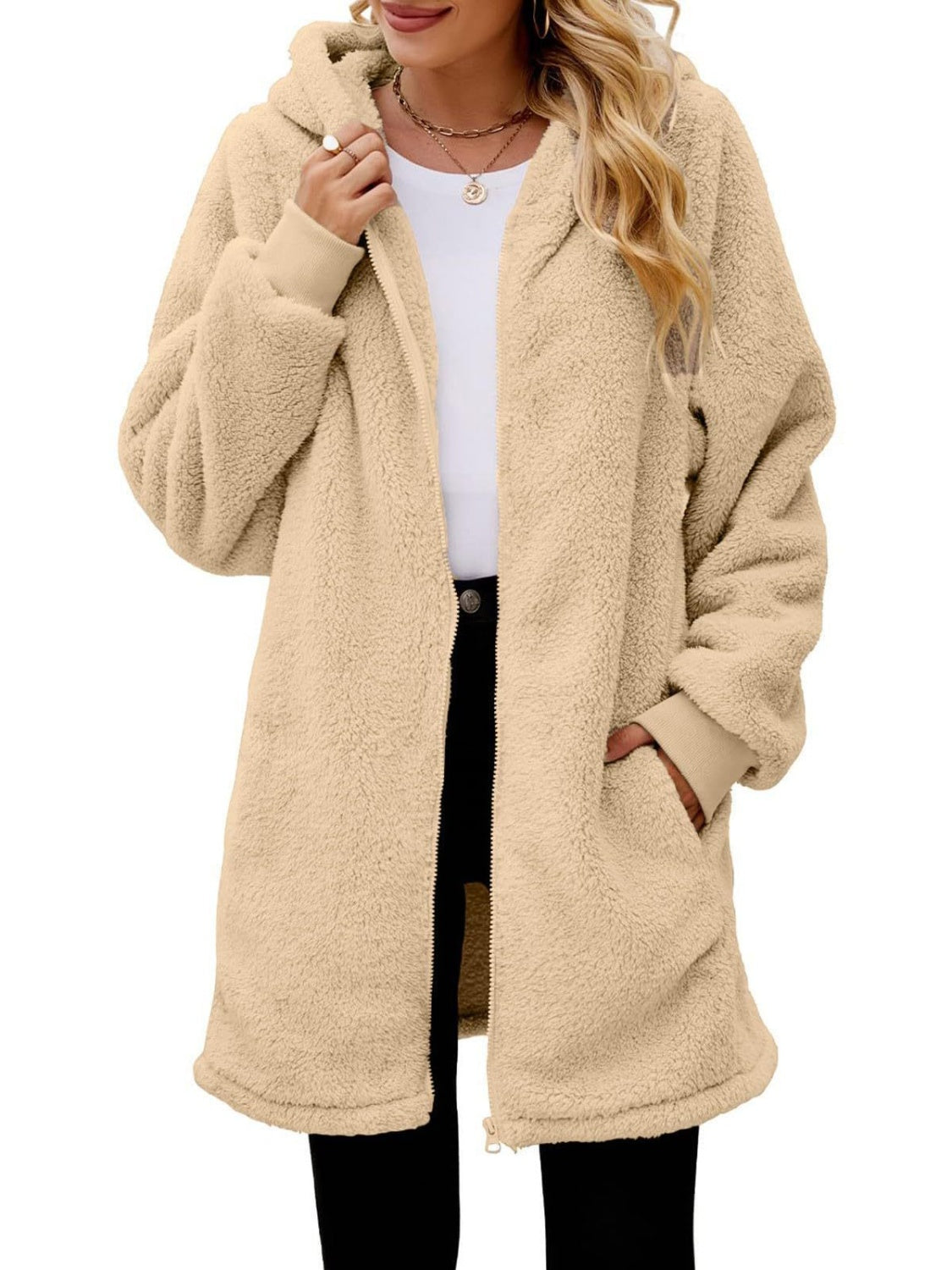 Fuzzy Pocketed Zip Up Long Sleeve Hooded Jacket - The Daily Makeover