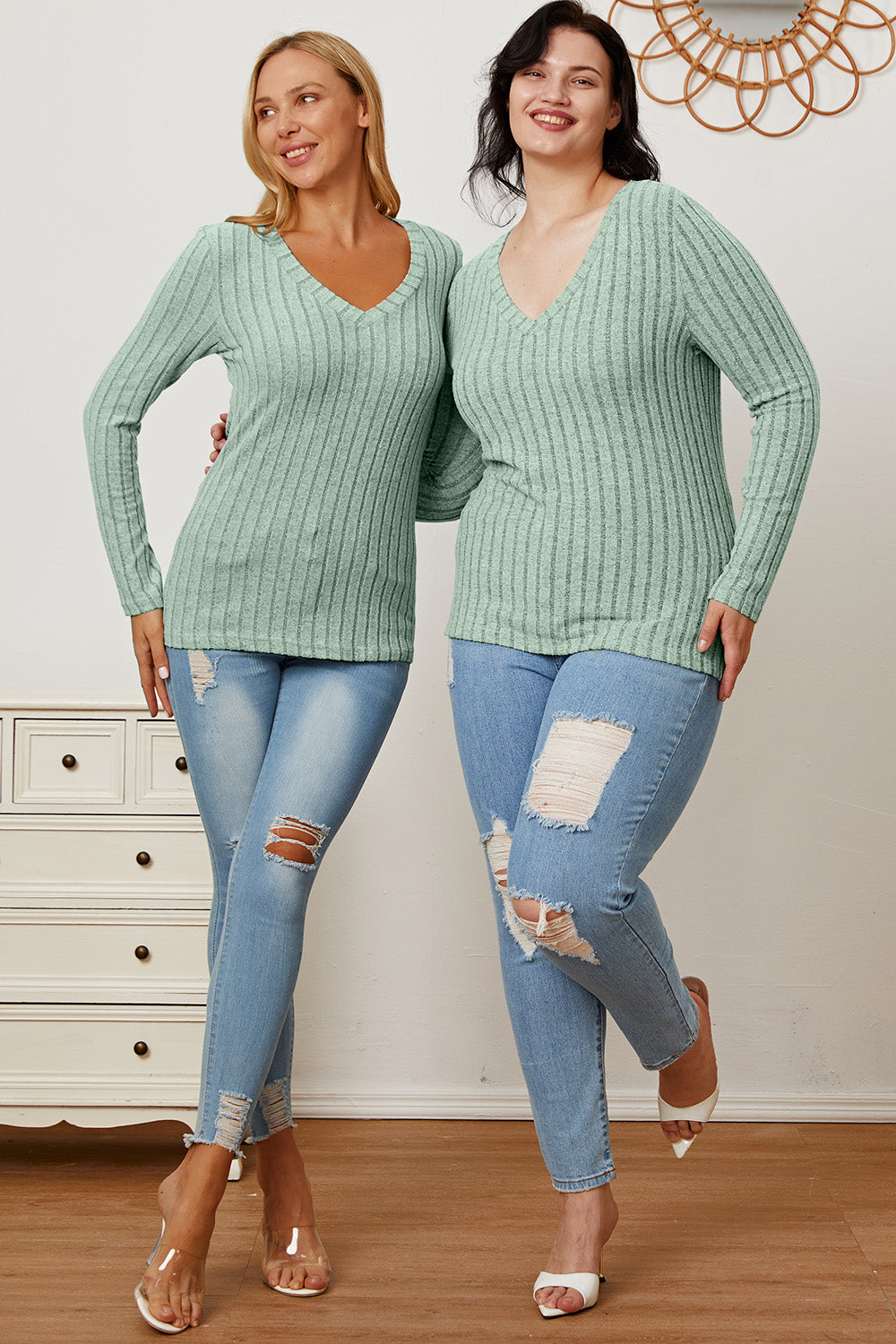 Full Size Ribbed V-Neck Long Sleeve T-Shirt - The Daily Makeover