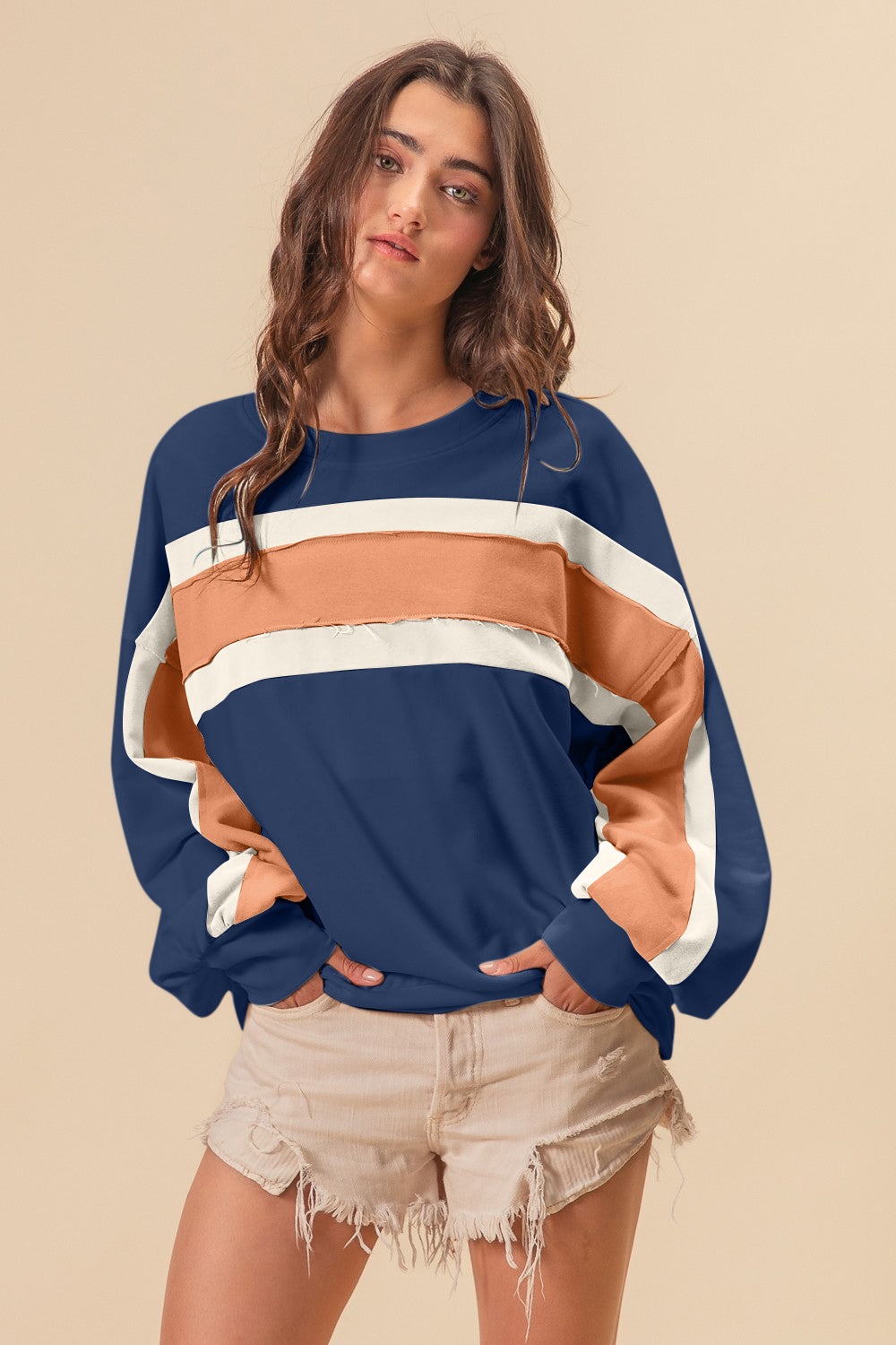 BiBi French Terry Color Block Cut Edge Detail Sweatshirt - The Daily Makeover