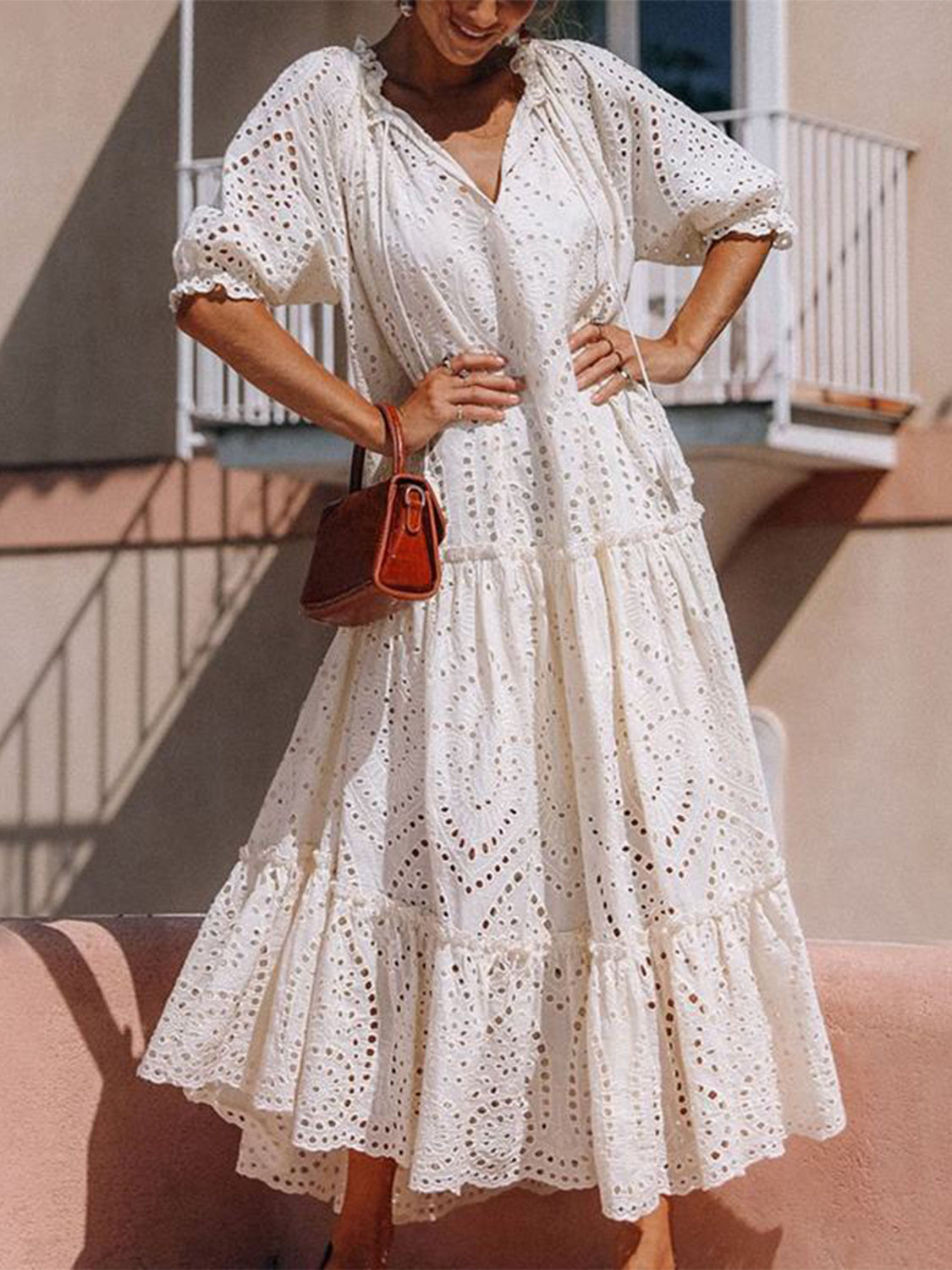 Tie Neck Half Sleeve Tiered Dress - The Daily Makeover