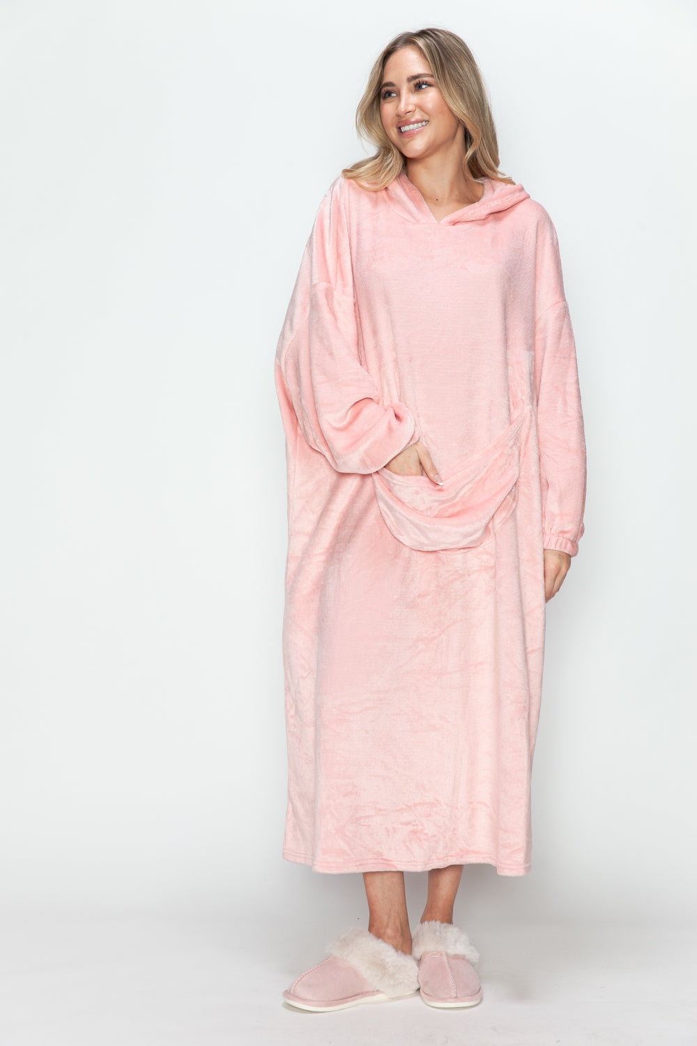 Double Take Full Size Pocketed Hooded Midi Lounge Dress - The Daily Makeover