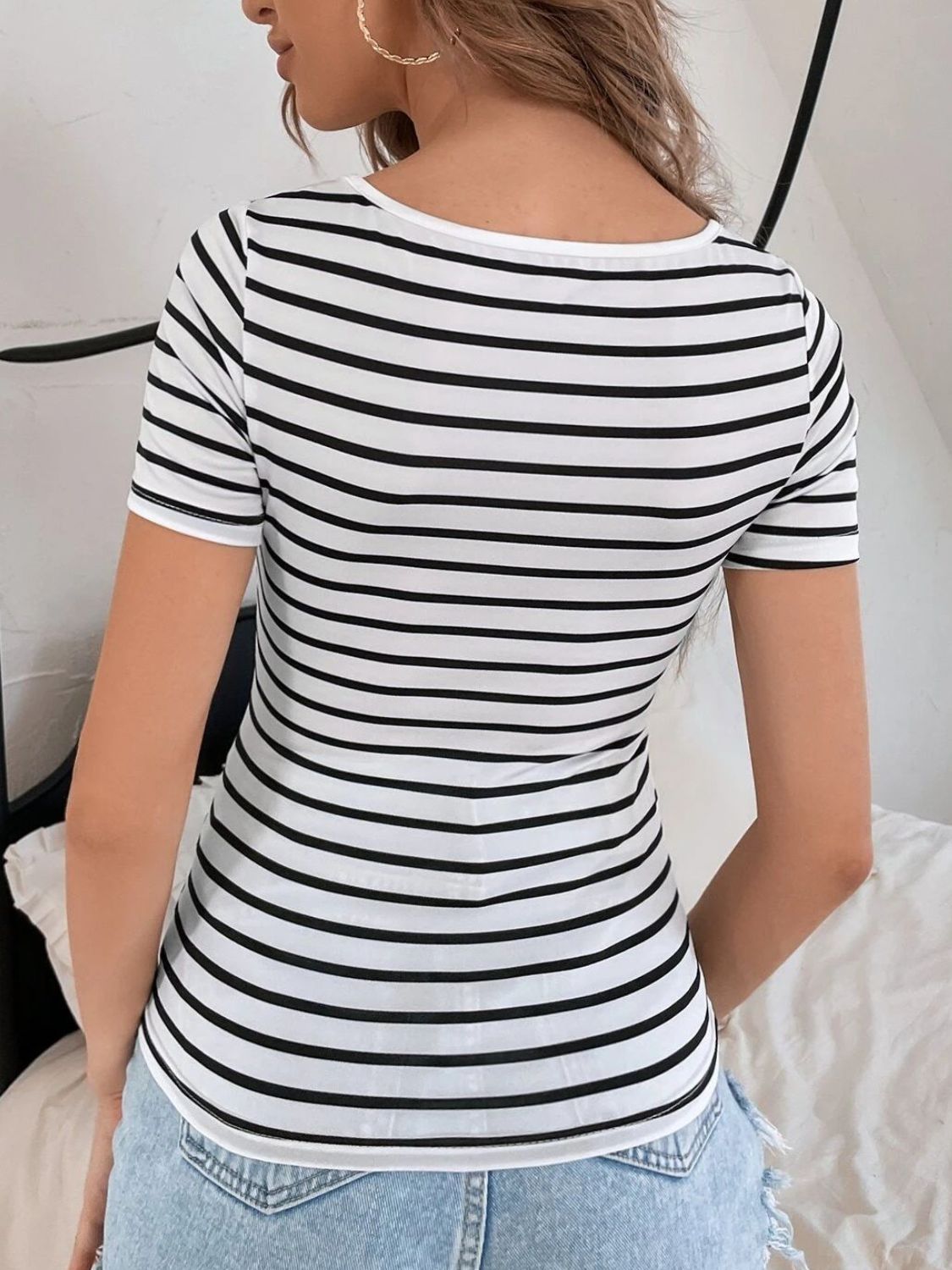 Striped V-Neck Short Sleeve T-Shirt - The Daily Makeover