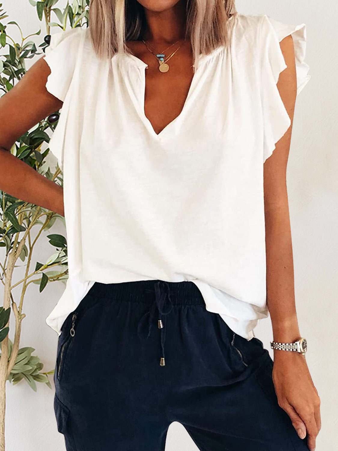 Ruffled Notched Cap Sleeve T-Shirt - The Daily Makeover