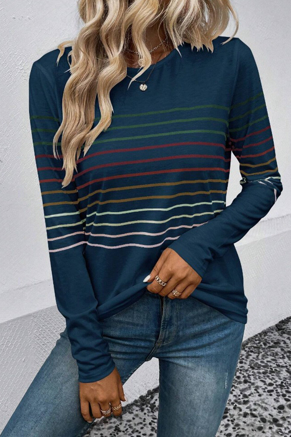 Striped Round Neck Long Sleeve T-Shirt - The Daily Makeover